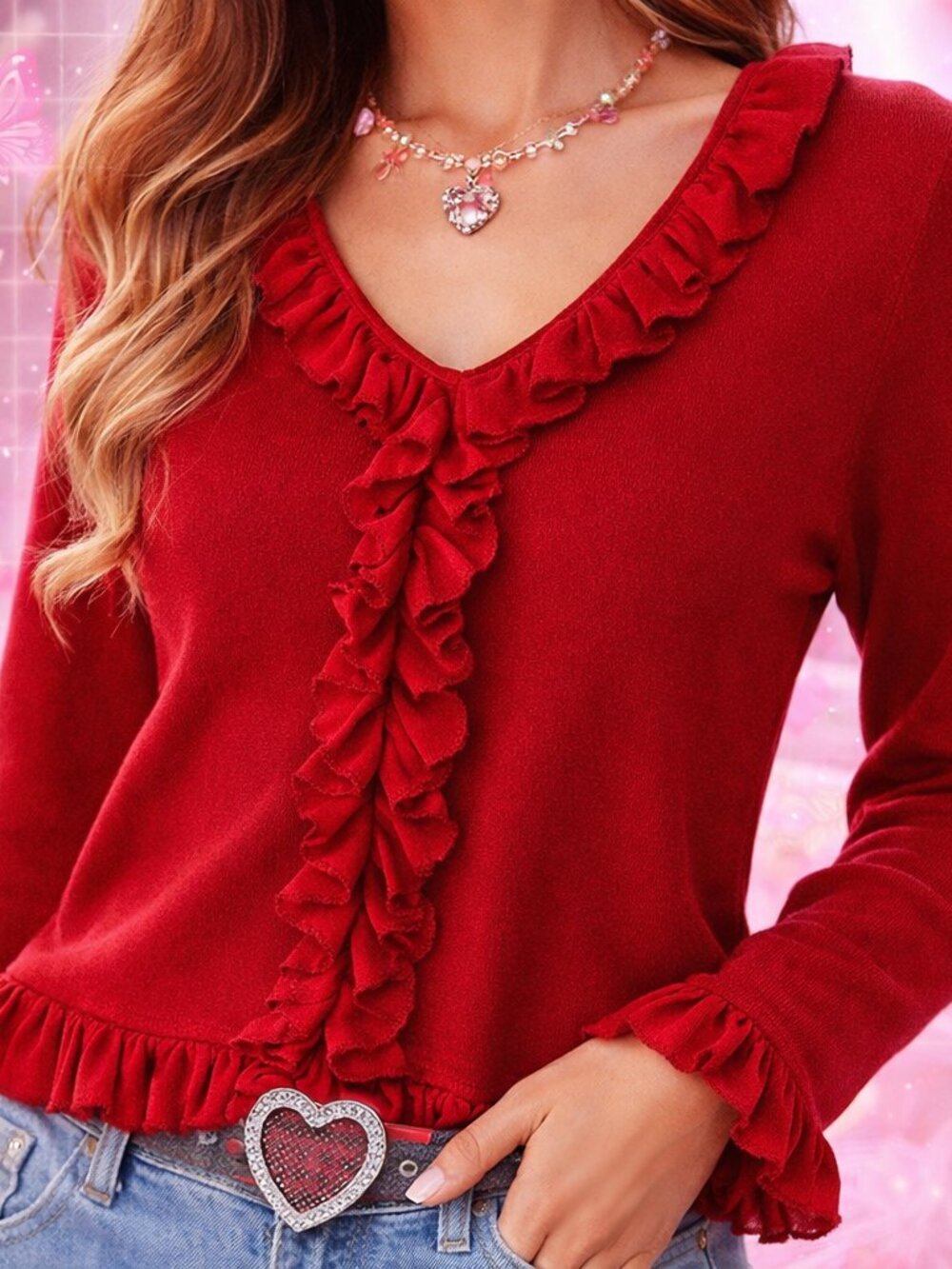Red Ruffle Cardigan Top Romantic Cottagecore Feminine Boho